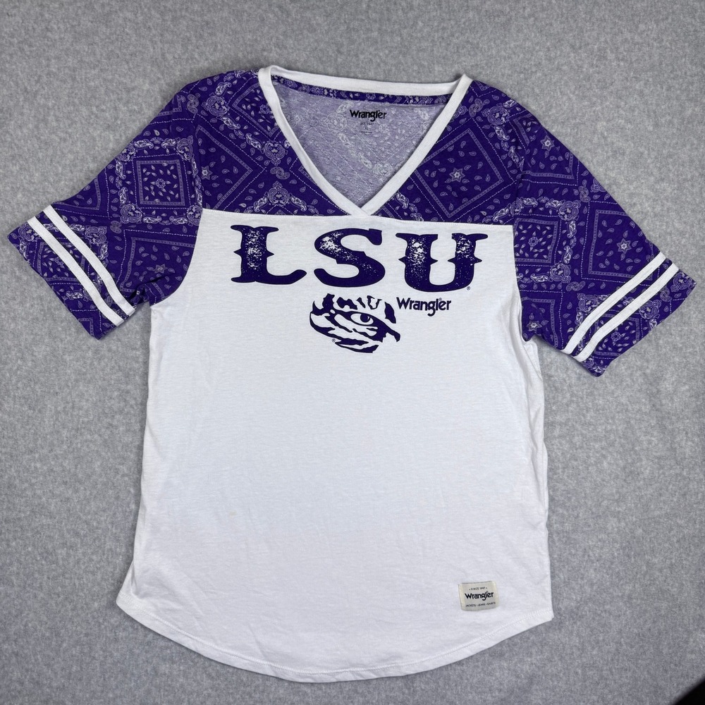 Wrangler LSU Tigers T-Shirt Women XL White Purple Good Bandana Print V-Neck Tee